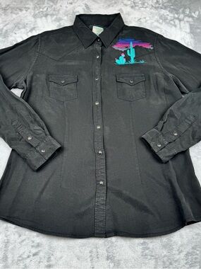 Vintage Panhandle Rough Stock Shirt Womens L Black Western Pearl Snap Embroidery